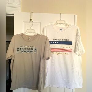 2 T-Shirts: Gray and White w/Walnut Creek California Print, Cotton. XL